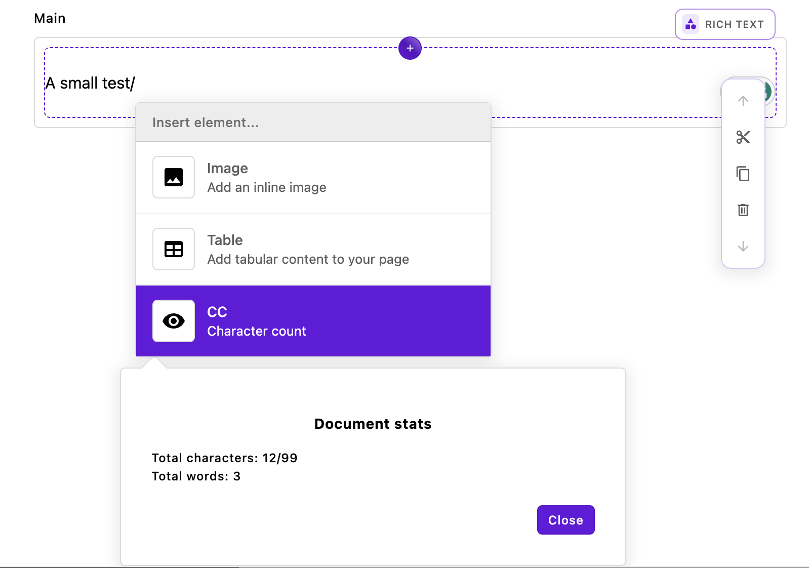 Screenshot of the insert menu character count modal