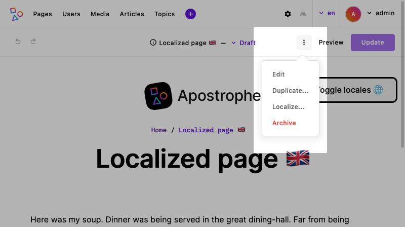 The edit menu for this page opened and including a localize option