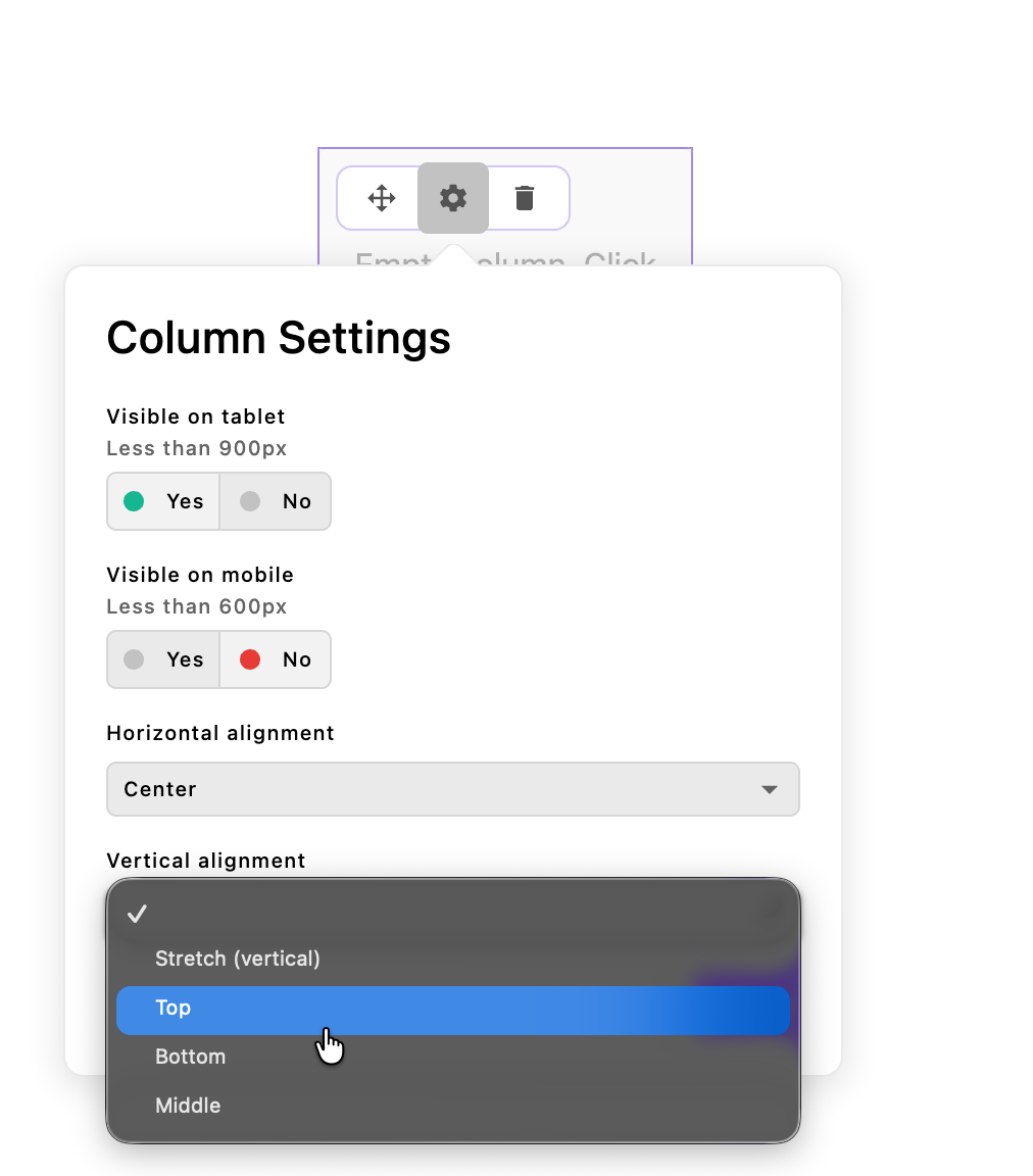 The column settings dialog contains toggles and dropdowns for visibility and content orientation