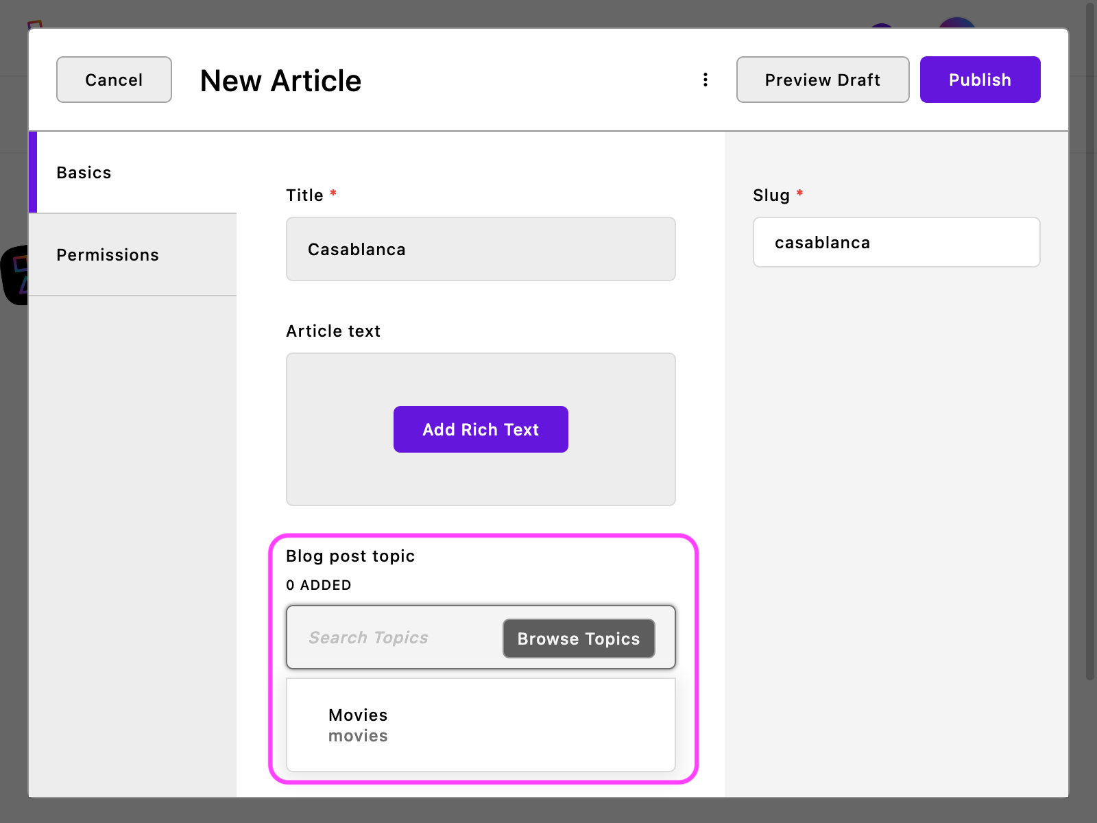 The topics relationship field