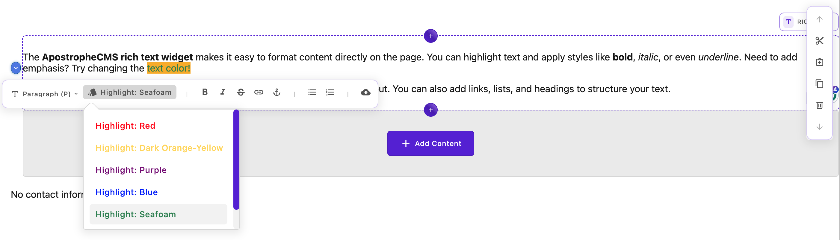 Screenshot showing the addition of seafoam highlighting to text in the Rich Text Editor