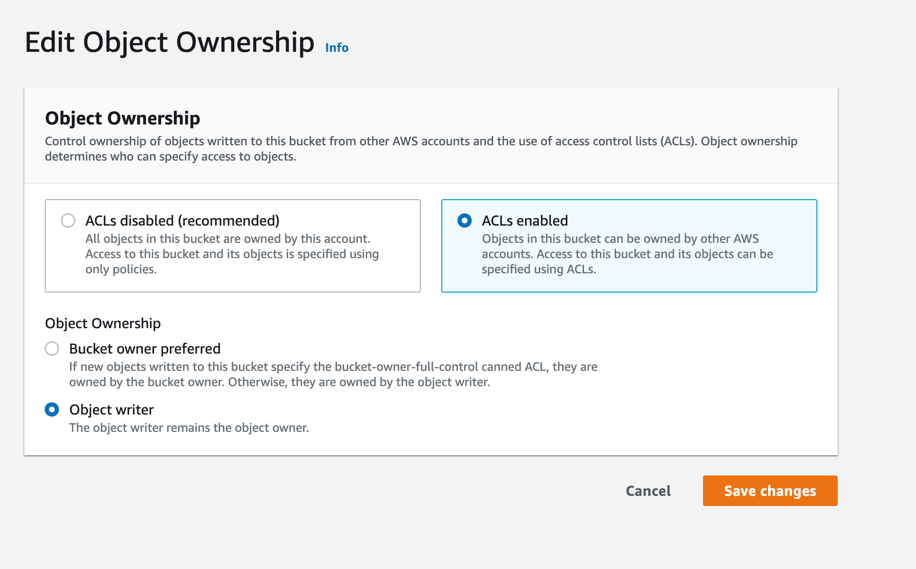 S3 console object ownership edit screen