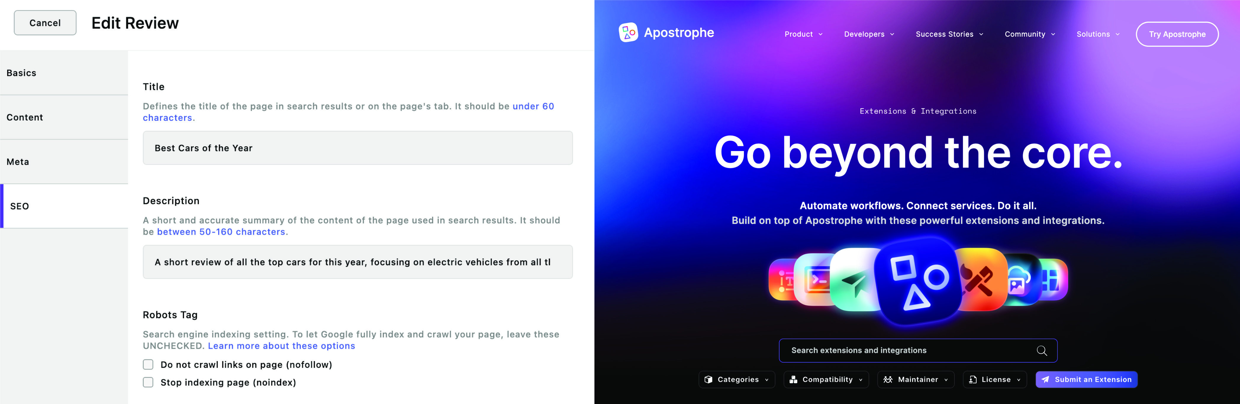 Adding and using the SEO extension