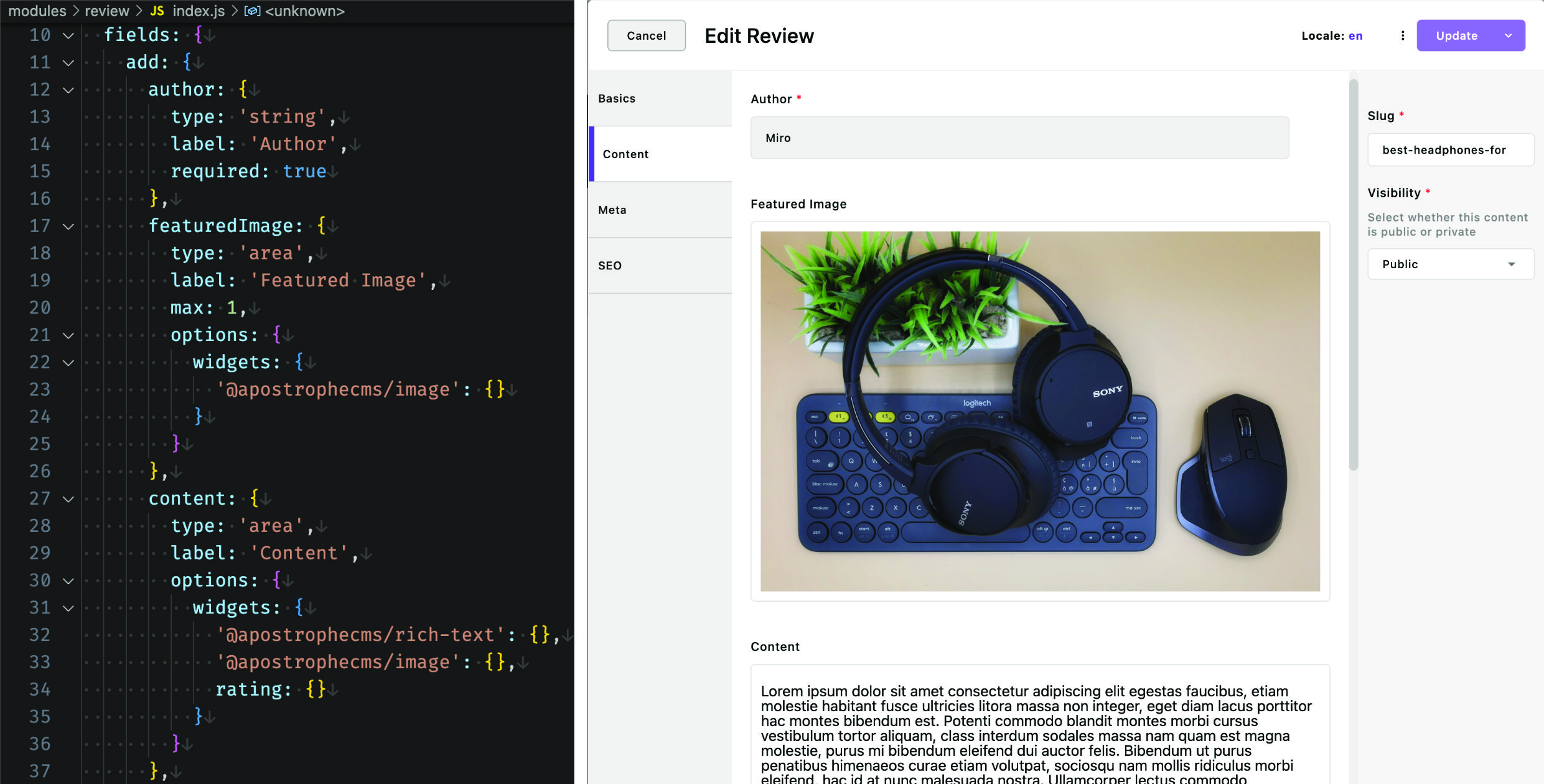 screenshot of piece index.js and widget html files