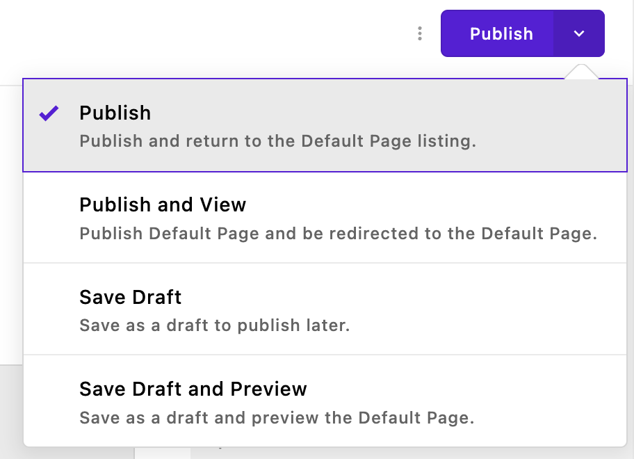 Screenshot of Apostrophe page publishing button with selection dropdown open