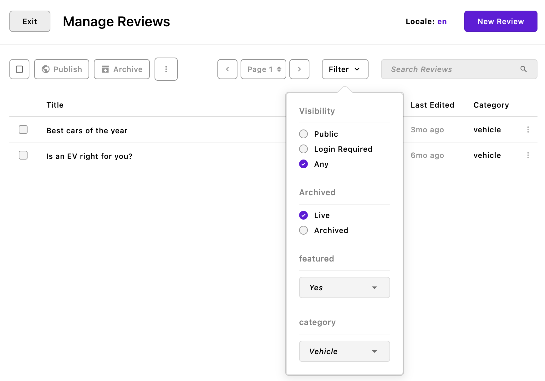Screenshot of the piece manager filters