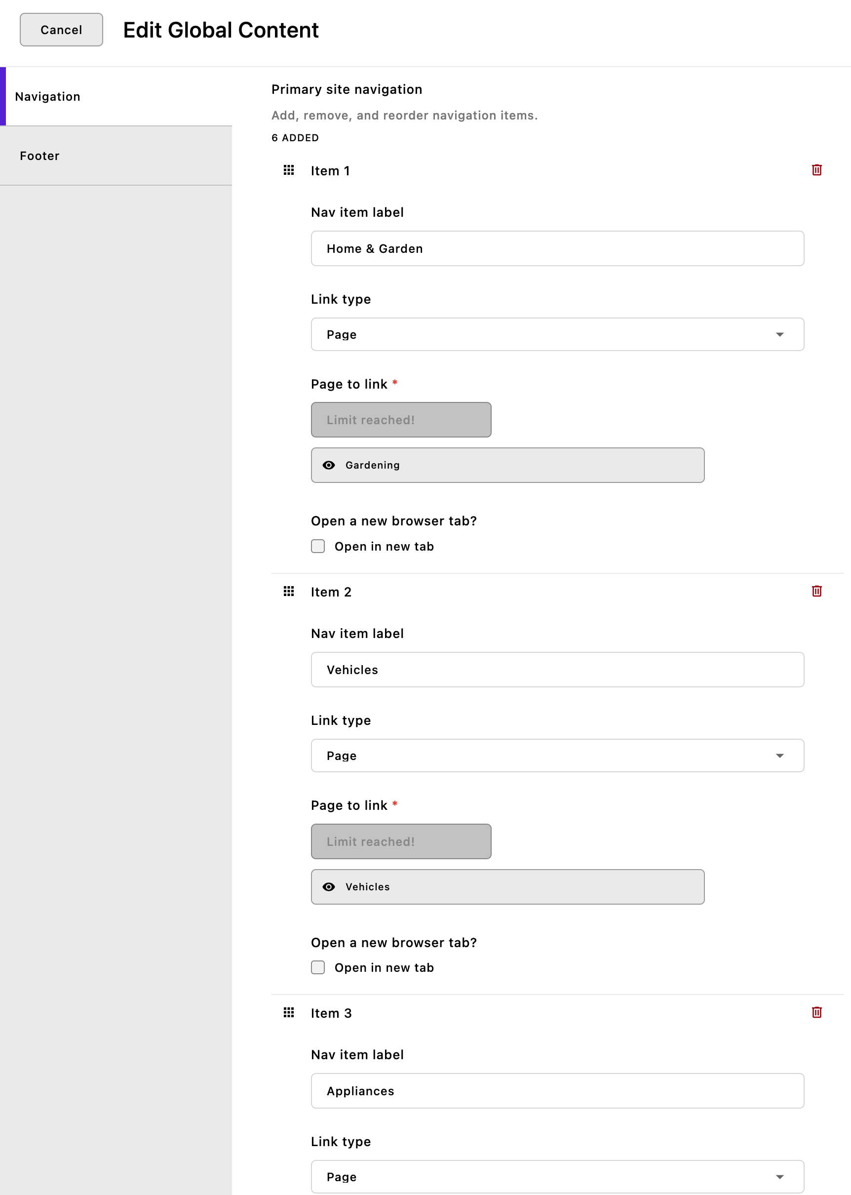 Screenshot of the navigation with an inline array field.