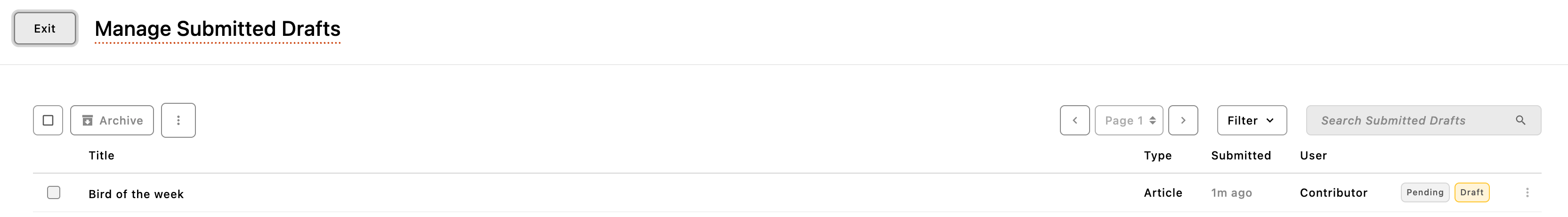 The modal displaying information about articles currently in submission
