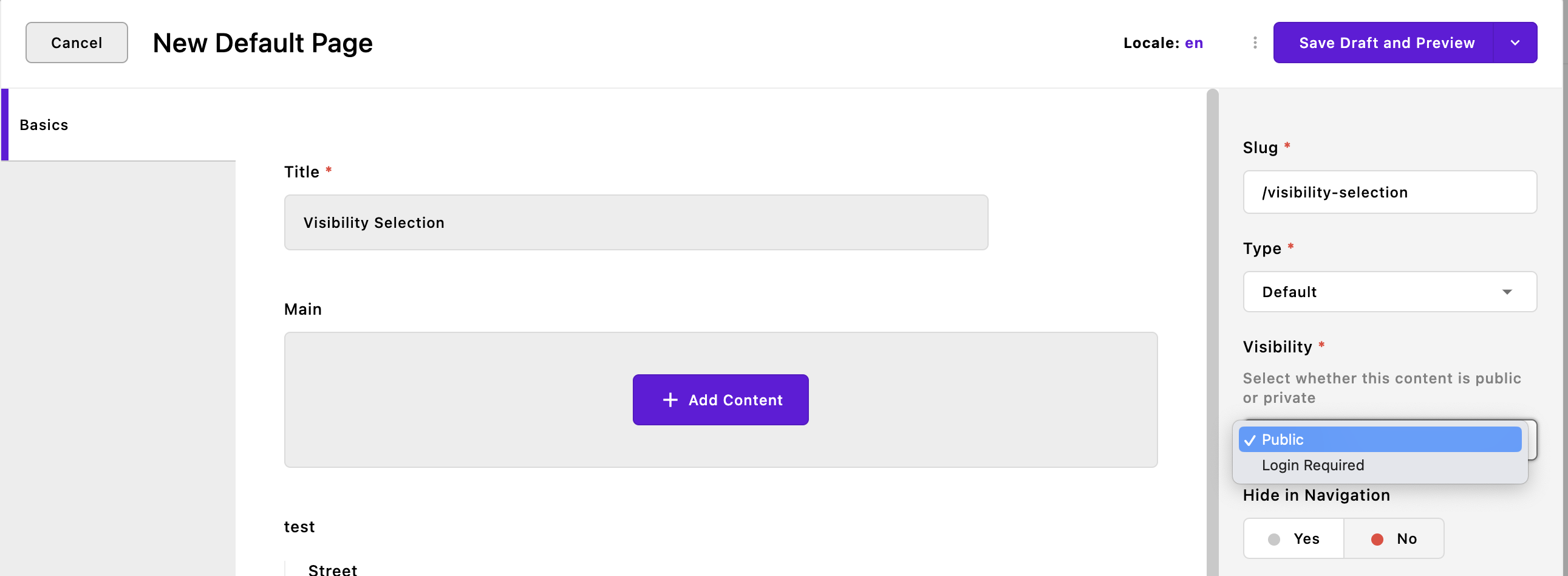 A page editor interface showing the permission tab and "who can view this" field